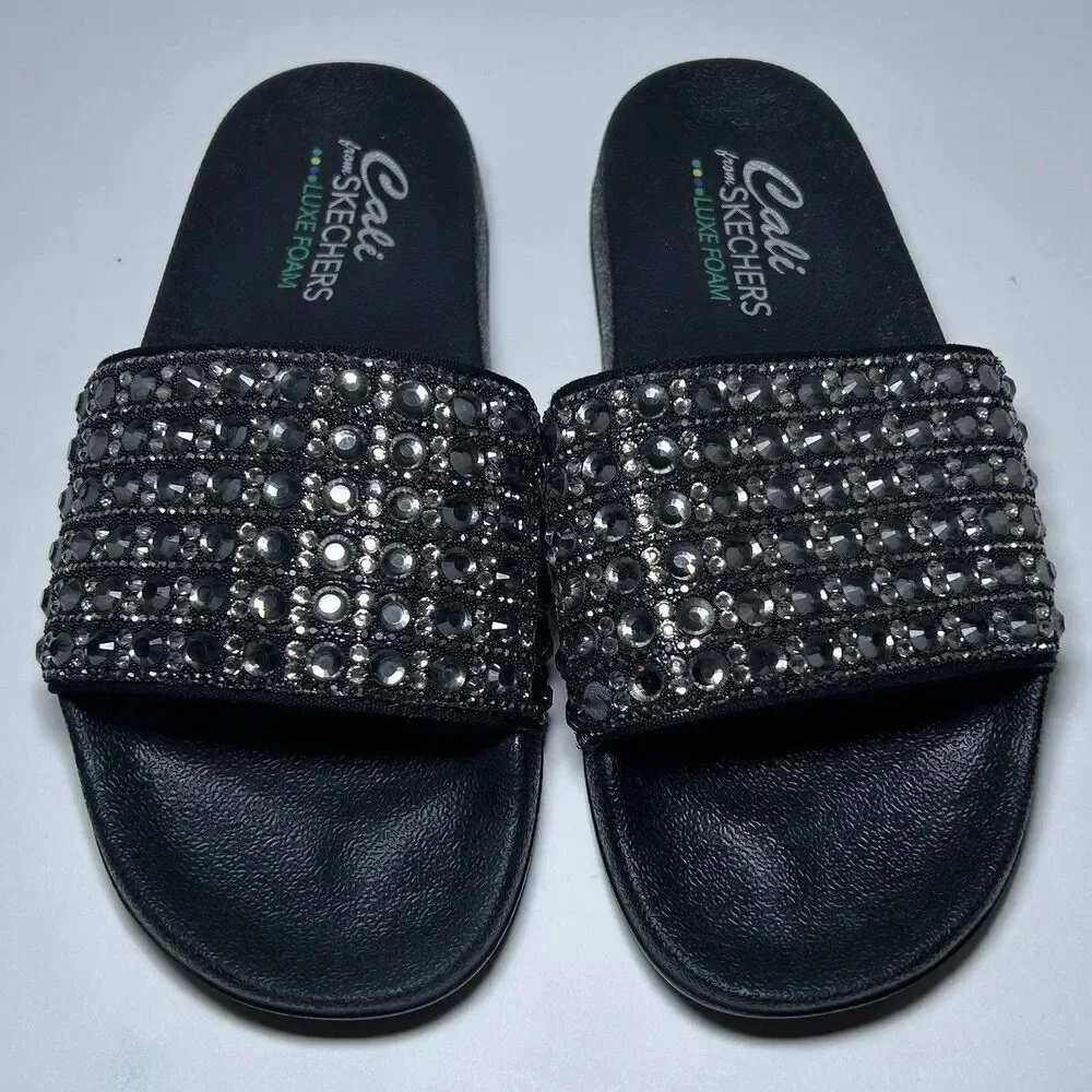 Skechers Slide Sandal Shoes Women's Size 8 Black Cali Luxe Foam Rhinestone - Picture 4 of 7
